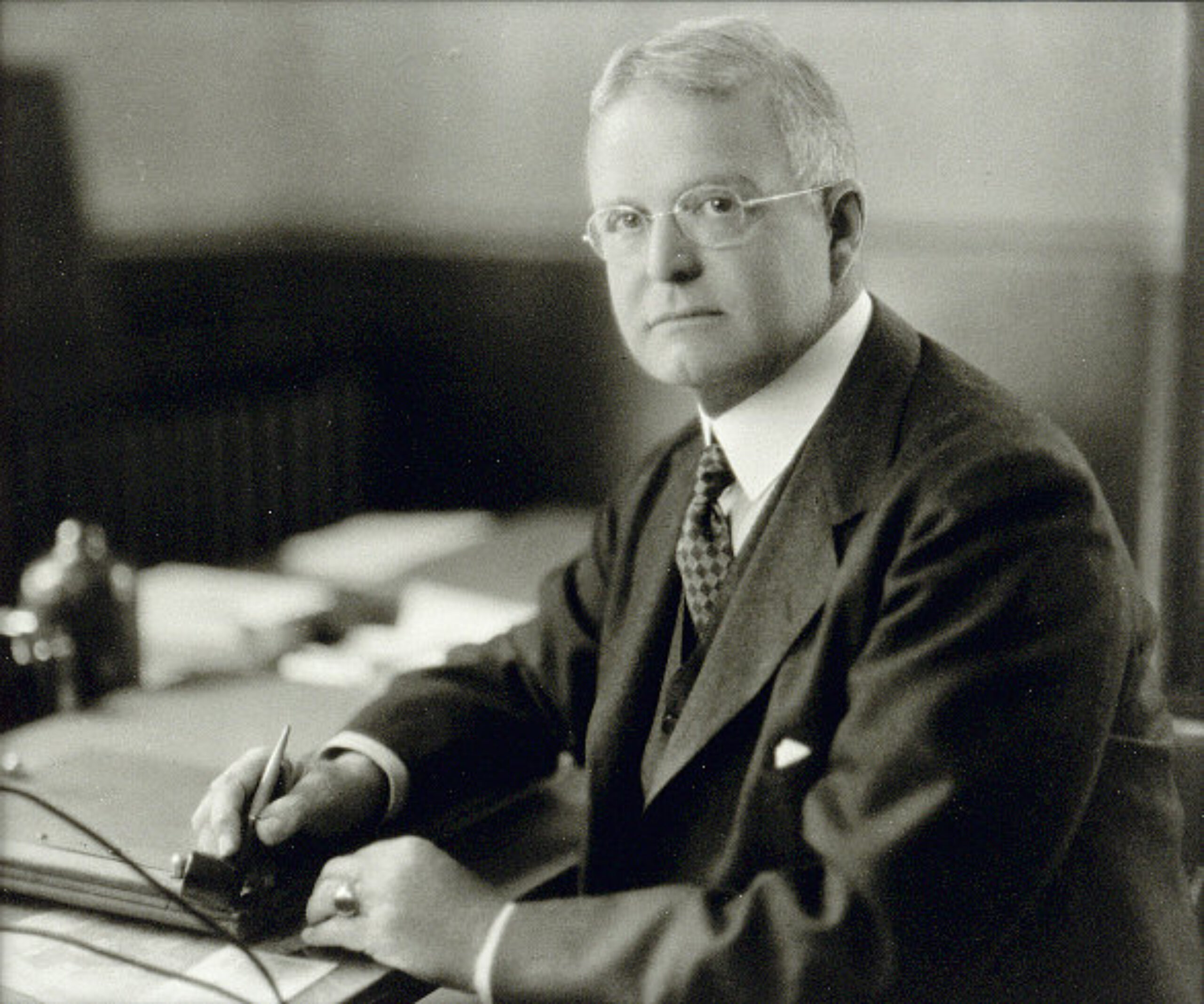 Frederic Russell Bigelow in 1938 seated at his work desk